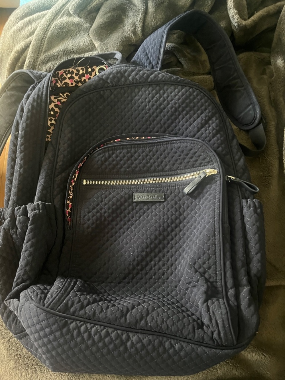 Vera Bradley Quilted Navy Backpack with Leopard Accent - 3 zip parts